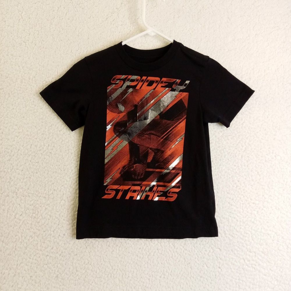Spiderman Shirt Kids Small Short Sleeve Spidey‎ Strikes Black Cotton/Poly